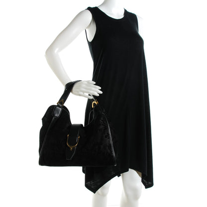 Gucci Soft Leather Brocade Medium Stirrup Shoulder Bag Black 4 of 7