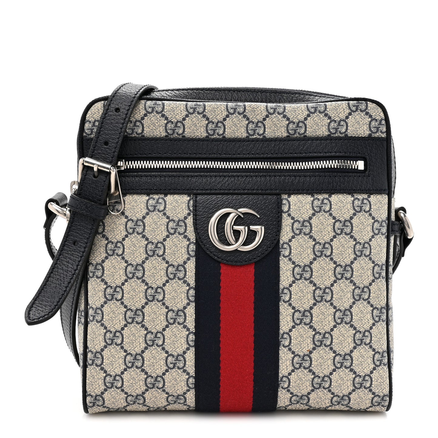GG Supreme Monogram Textured Dollar Calfskin Web Small Ophidia Messenger Bag Beige Blue
