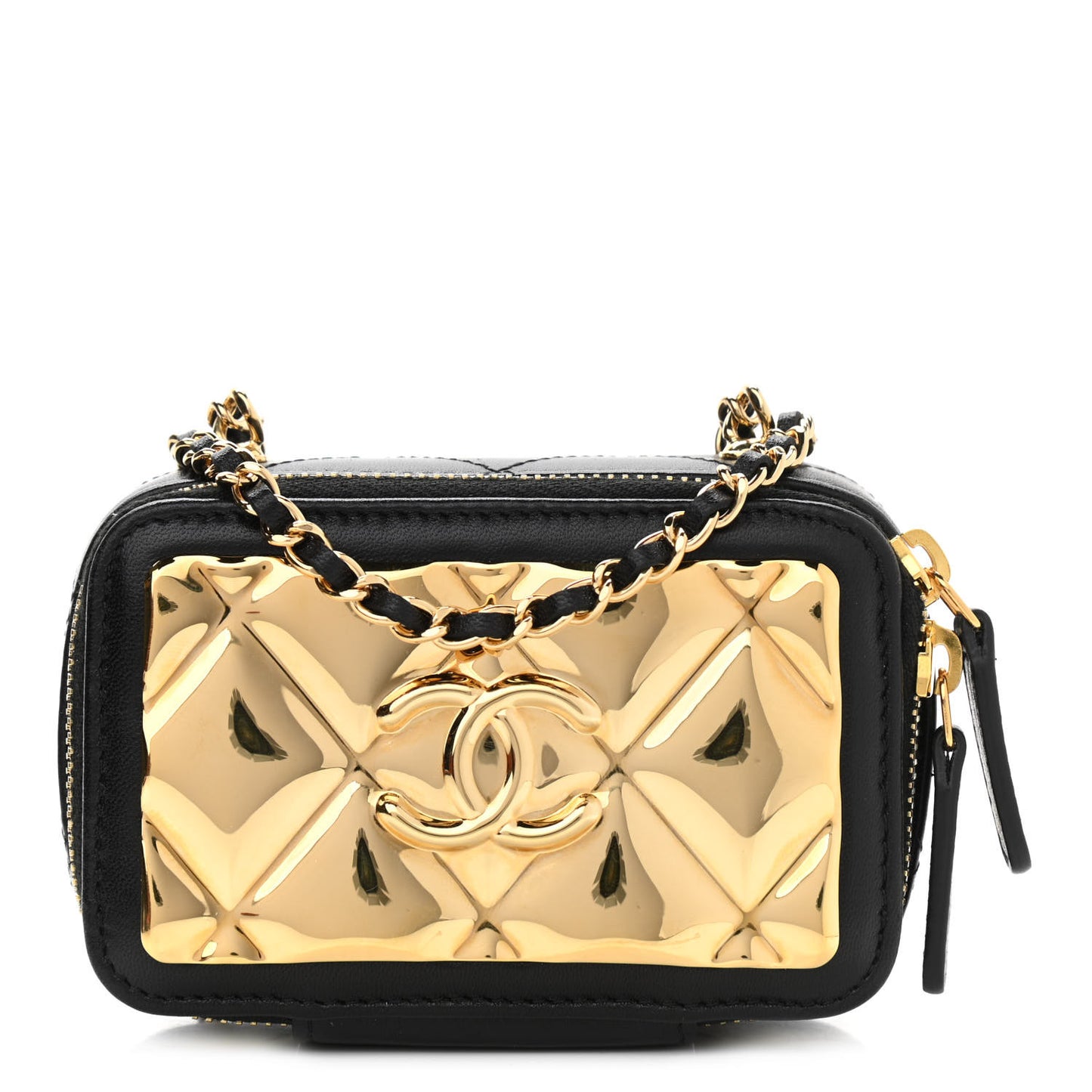 Lambskin Quilted Mini Golden Plate Clutch With Chain Black
