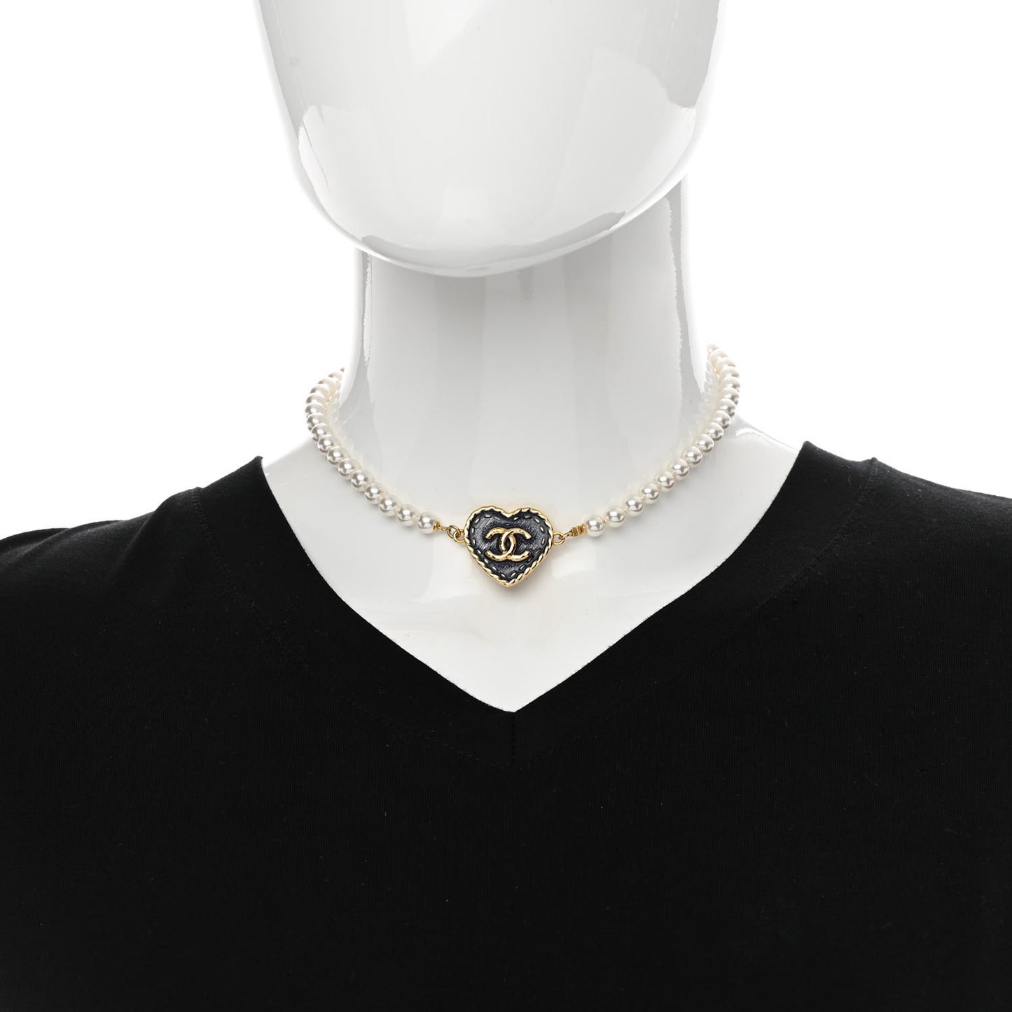 Metal Denim CC Heart Choker Gold Blue Pearly White