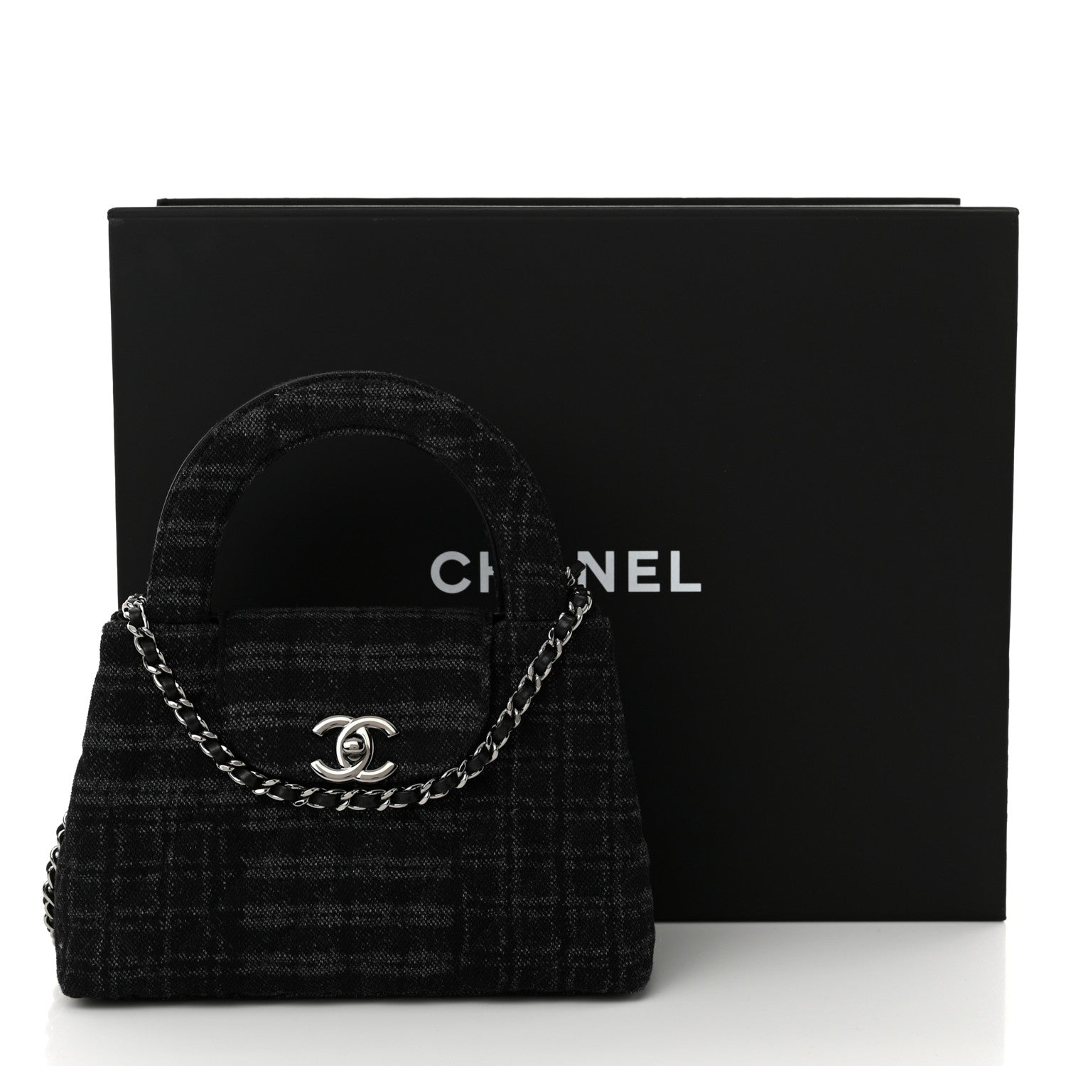 Chanel Printed Denim Quilted Nano Kelly Shopper Black Grey 1620740