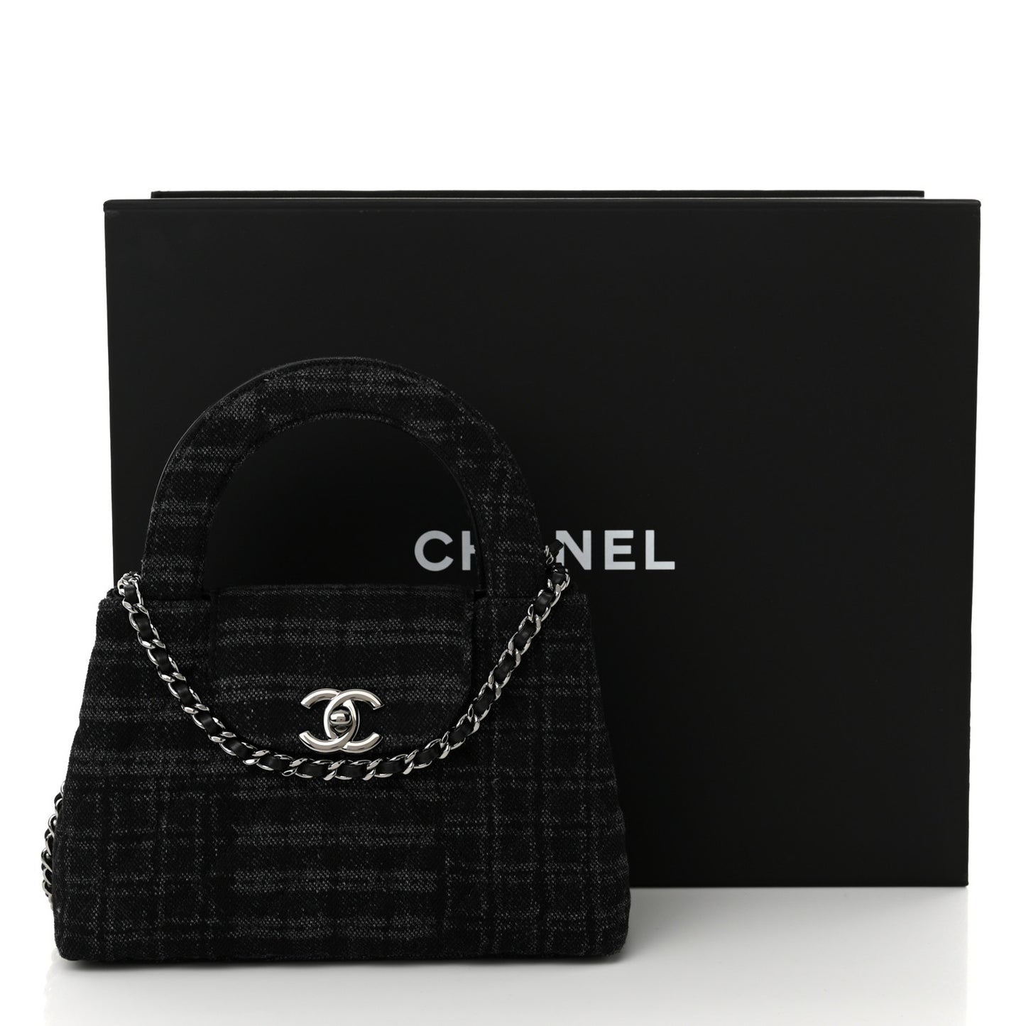 Printed Denim Quilted Nano Kelly Shopper Black Grey