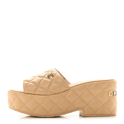 Chanel Lambskin Quilted CC Mules Wedge Sandals 38 Beige 1 of 8