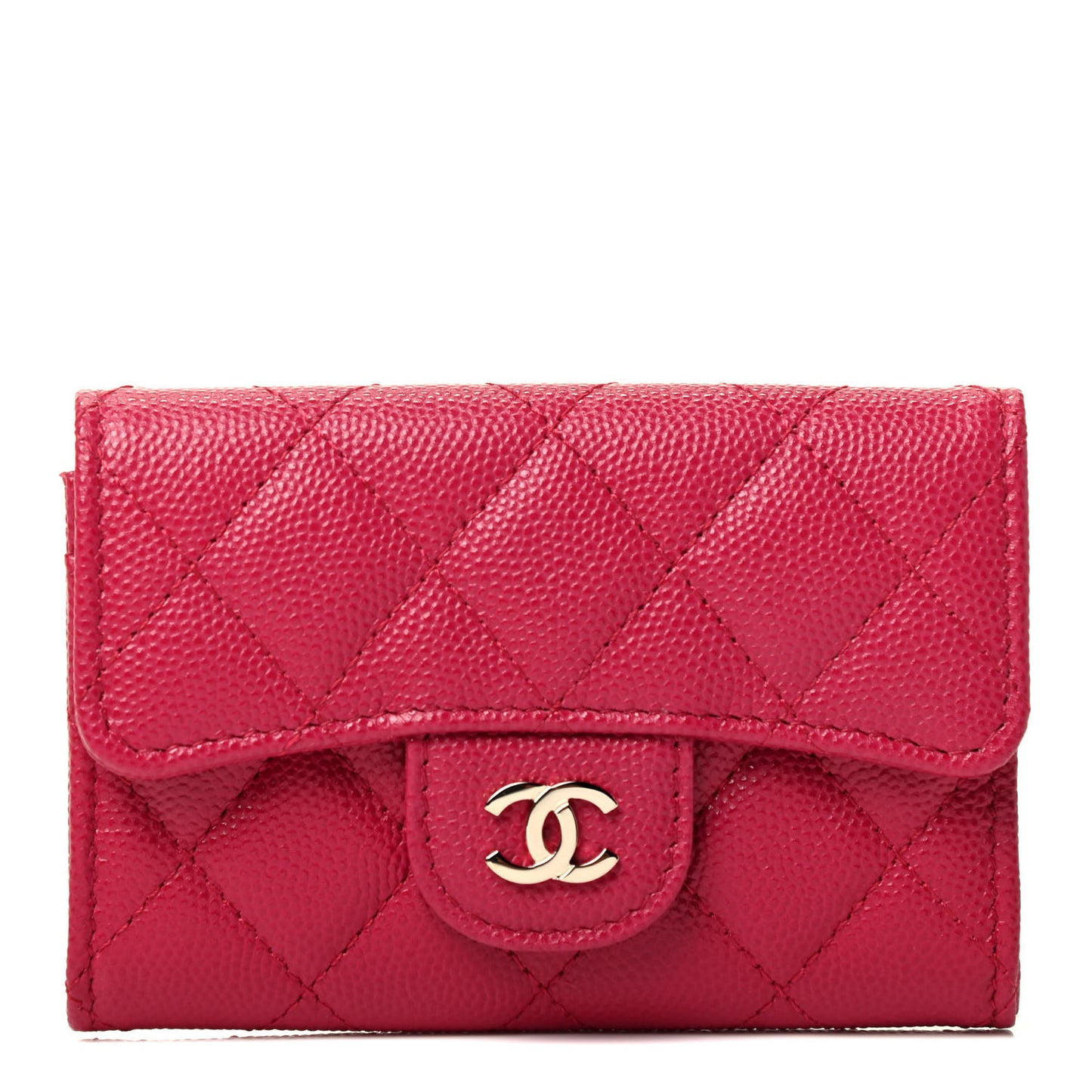 Caviar Quilted Flap Card Holder Wallet Dark Pink