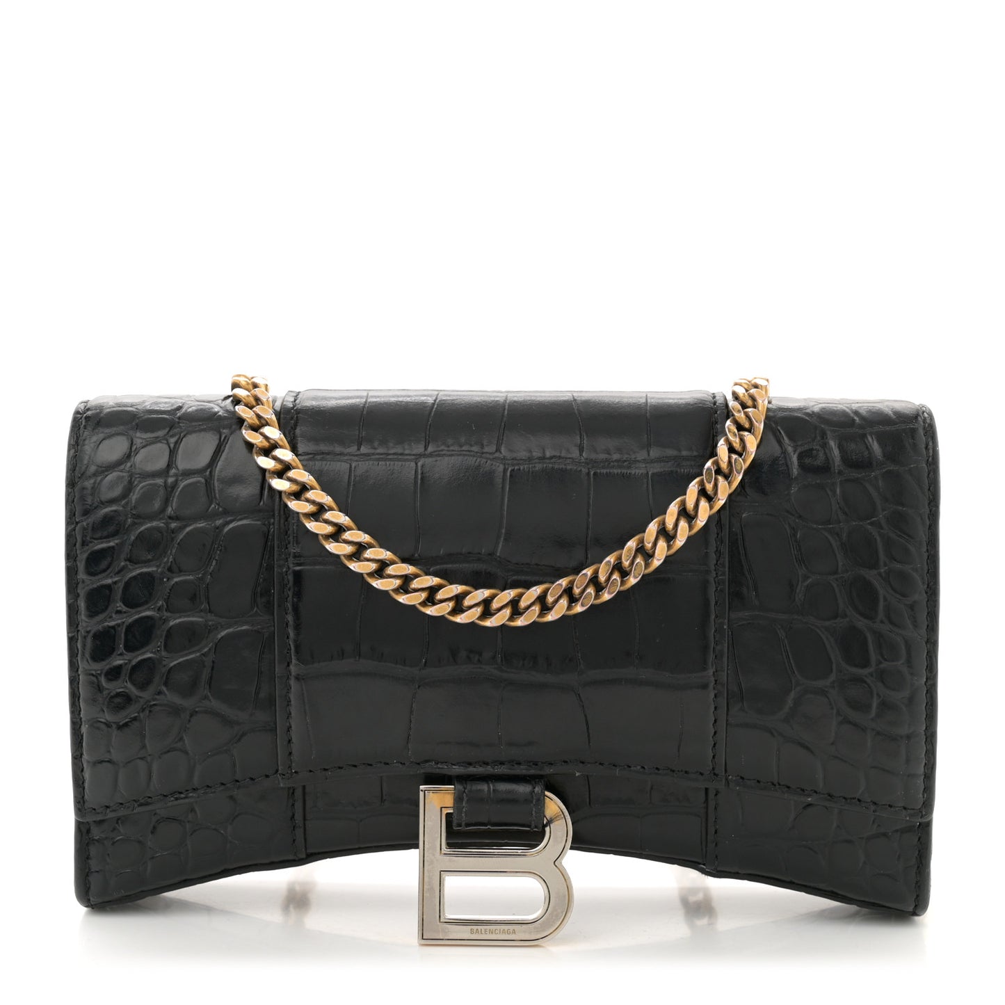 Shiny Calfskin Crocodile Embossed Hourglass Chain Bag Black