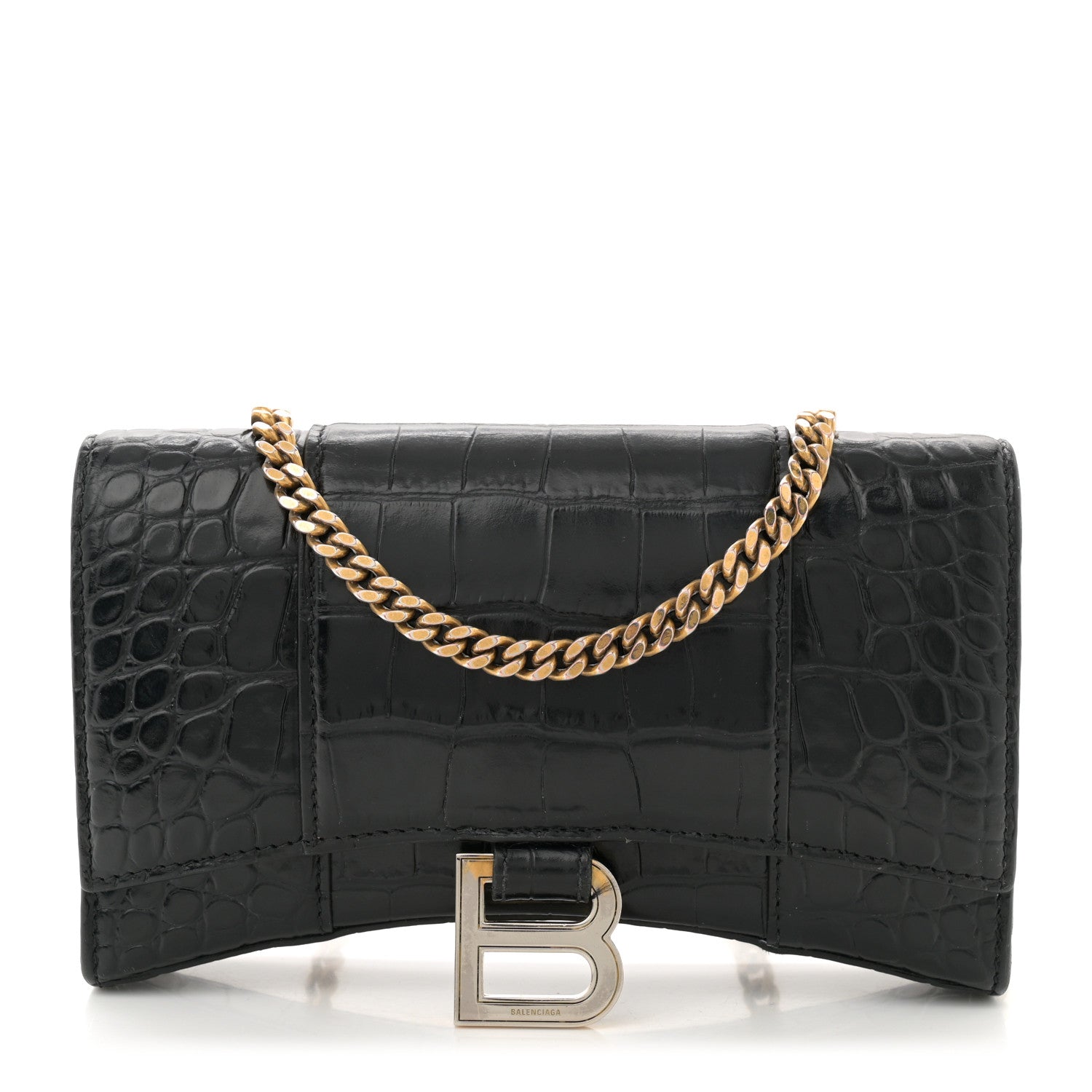 Balenciaga Shiny Calfskin Crocodile Embossed Hourglass Chain Bag Black 1 of 12