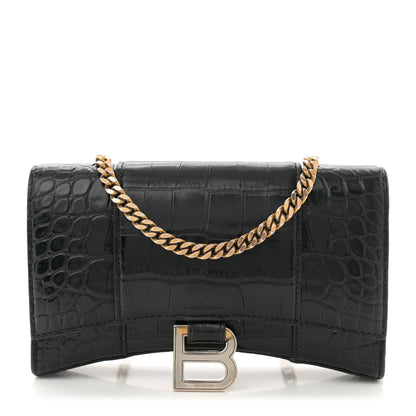 Balenciaga Shiny Calfskin Crocodile Embossed Hourglass Chain Bag Black 1 of 12
