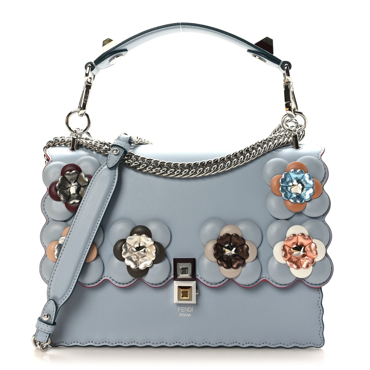 Vitello Liberty Lucido Flowerland Scalloped Studded Kan I Shoulder Bag Azzurro Polvere Multicolor