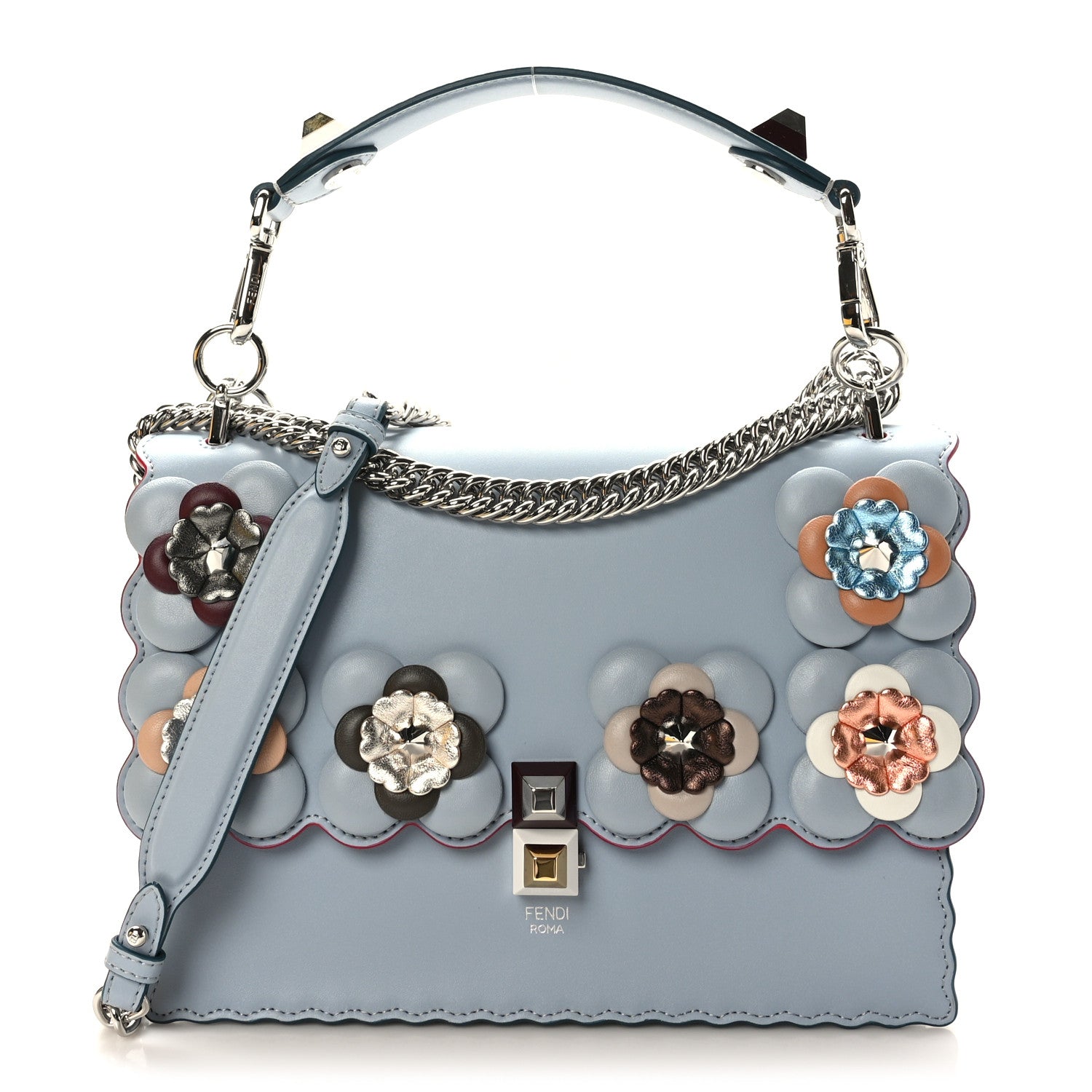 Fendi Vitello Liberty Lucido Flowerland Scalloped Studded Kan I Shoulder Bag Azzurro Polvere Multicolor 1 of 11