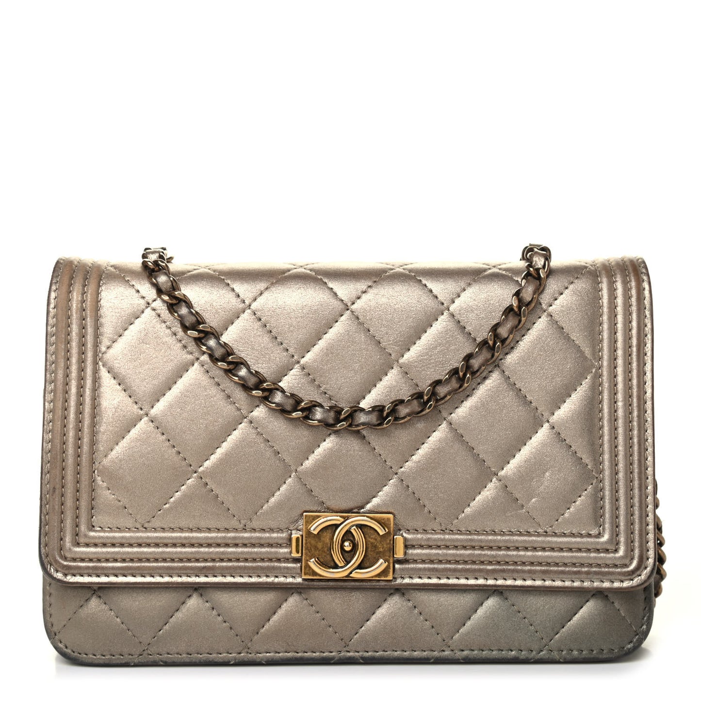 Metallic Calfskin Quilted Boy Wallet On Chain WOC Gold