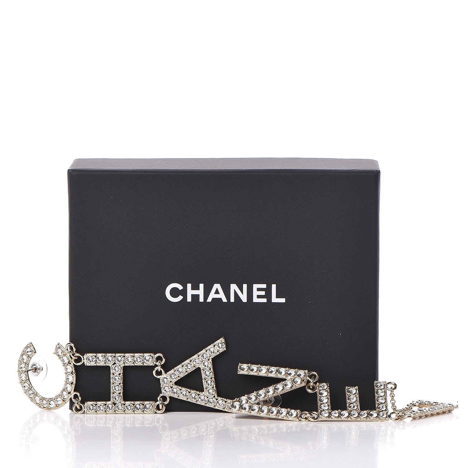 Chanel Crystal Cha-Nel Logo Drop Earrings Gold 7 of 7