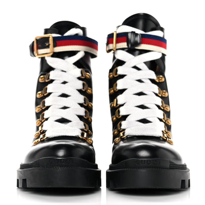 Gucci Calfskin Sylvie Web Womens Lace Up Combat Boots 36 Black 2 of 7