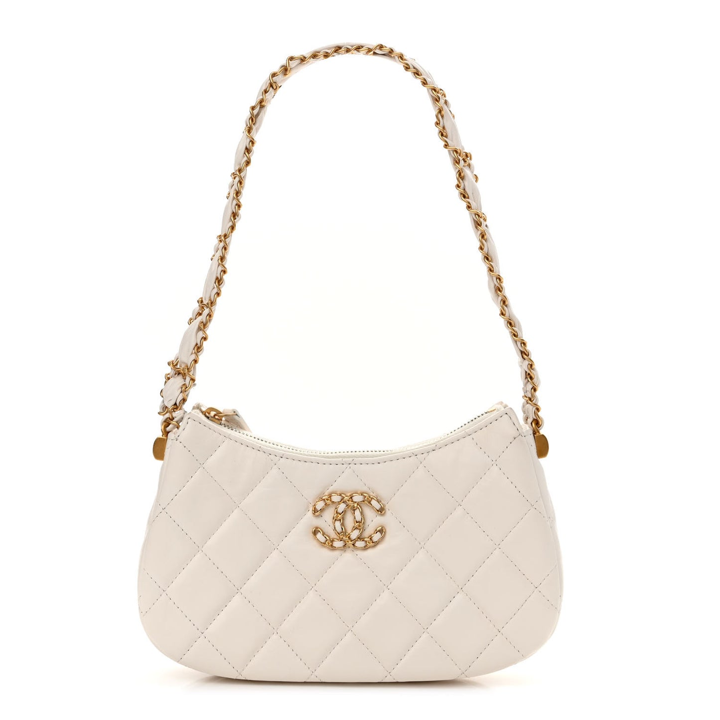Crumpled Calfskin Quilted Braided CC Small Hobo White