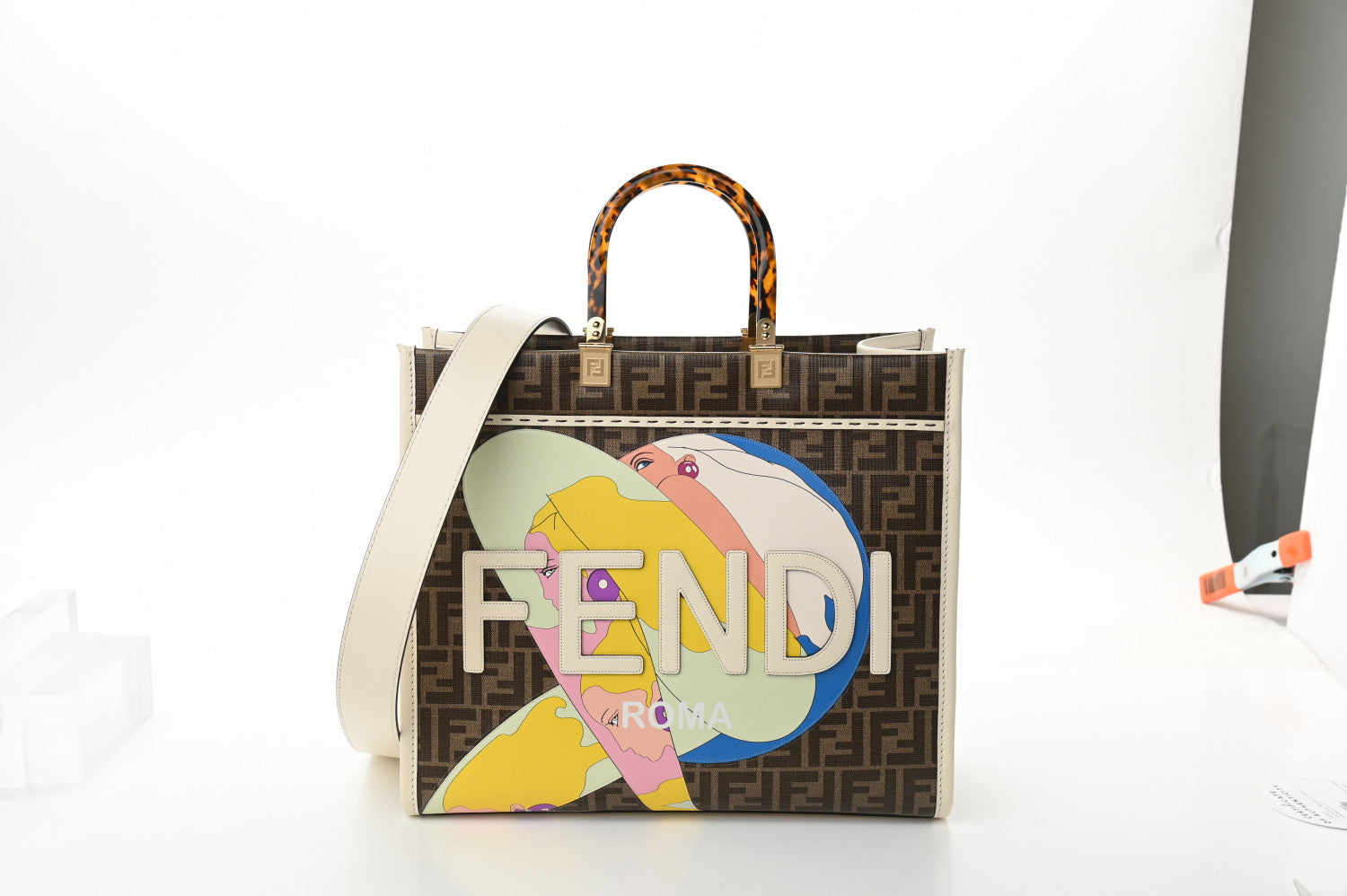 Fendi Glazed Fabric Vitello King Plexiglass FF 1974 Logo Hairdo Girls Inlay Medium Fendi Sunshine Shopper Tote Mogano Panna Multicolor 1 of 16