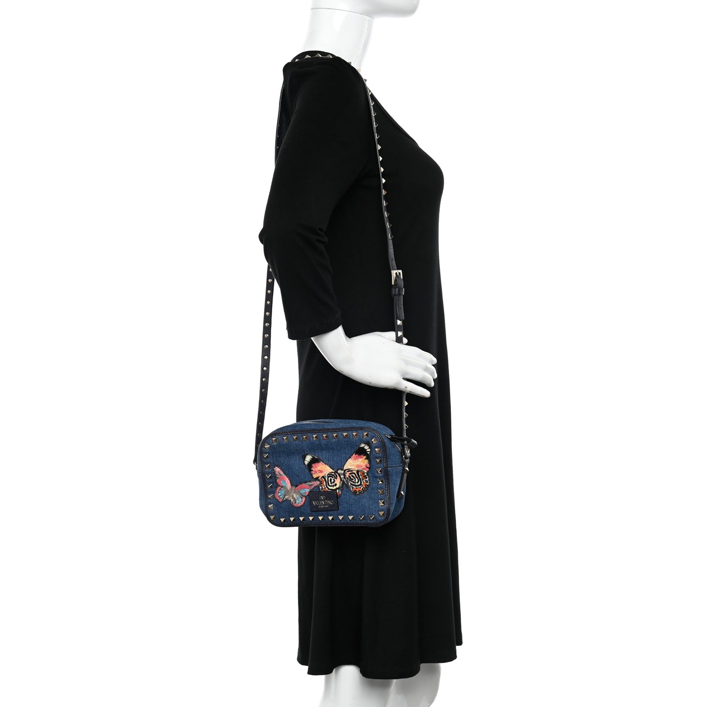 Denim Butterfly Embroidered Rockstud Camera Crossbody Bag Light Denim Multicolor