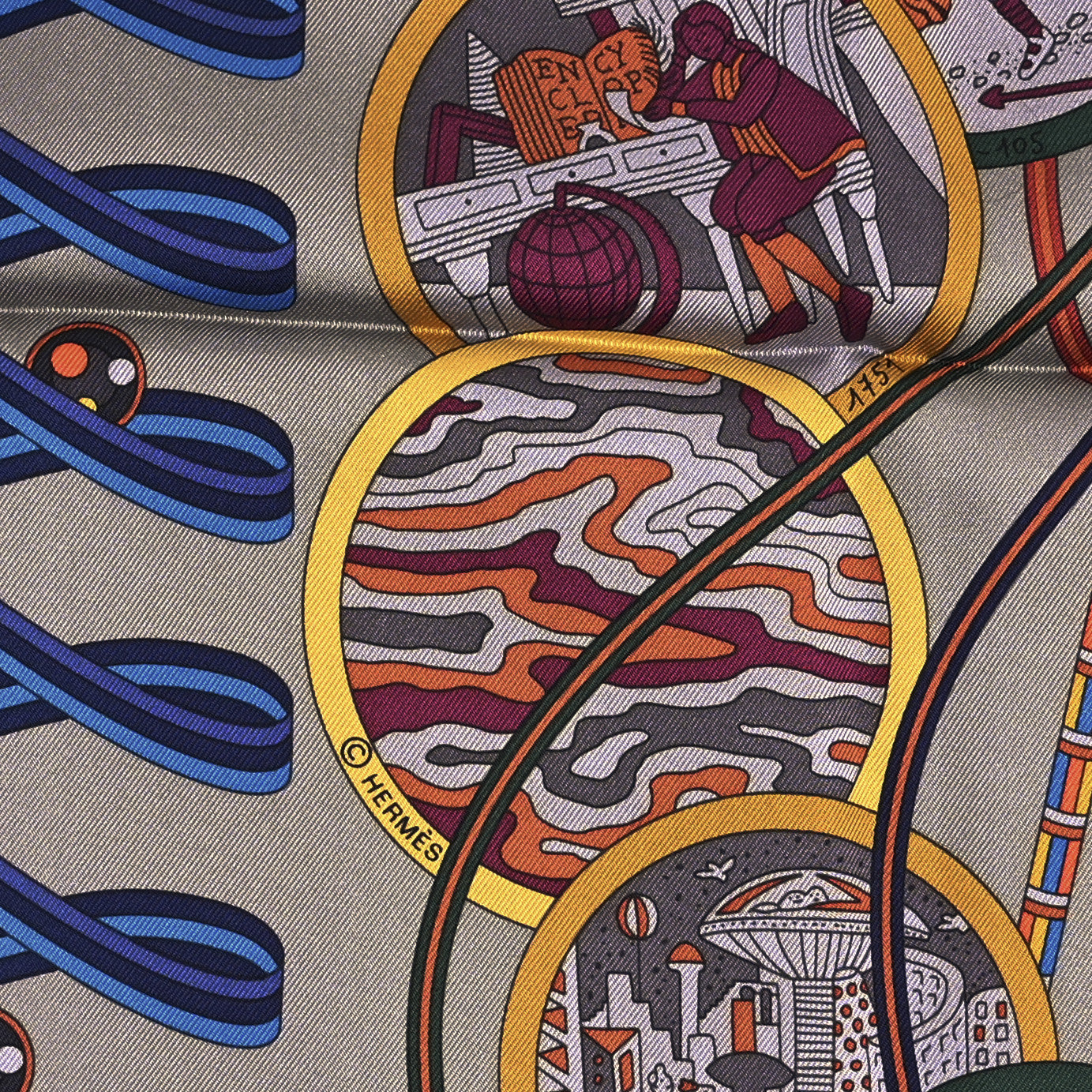Hermes Silk Le Laboratoire du Temps Scarf 90 Etoupe Bleu Caramel 2 of 3