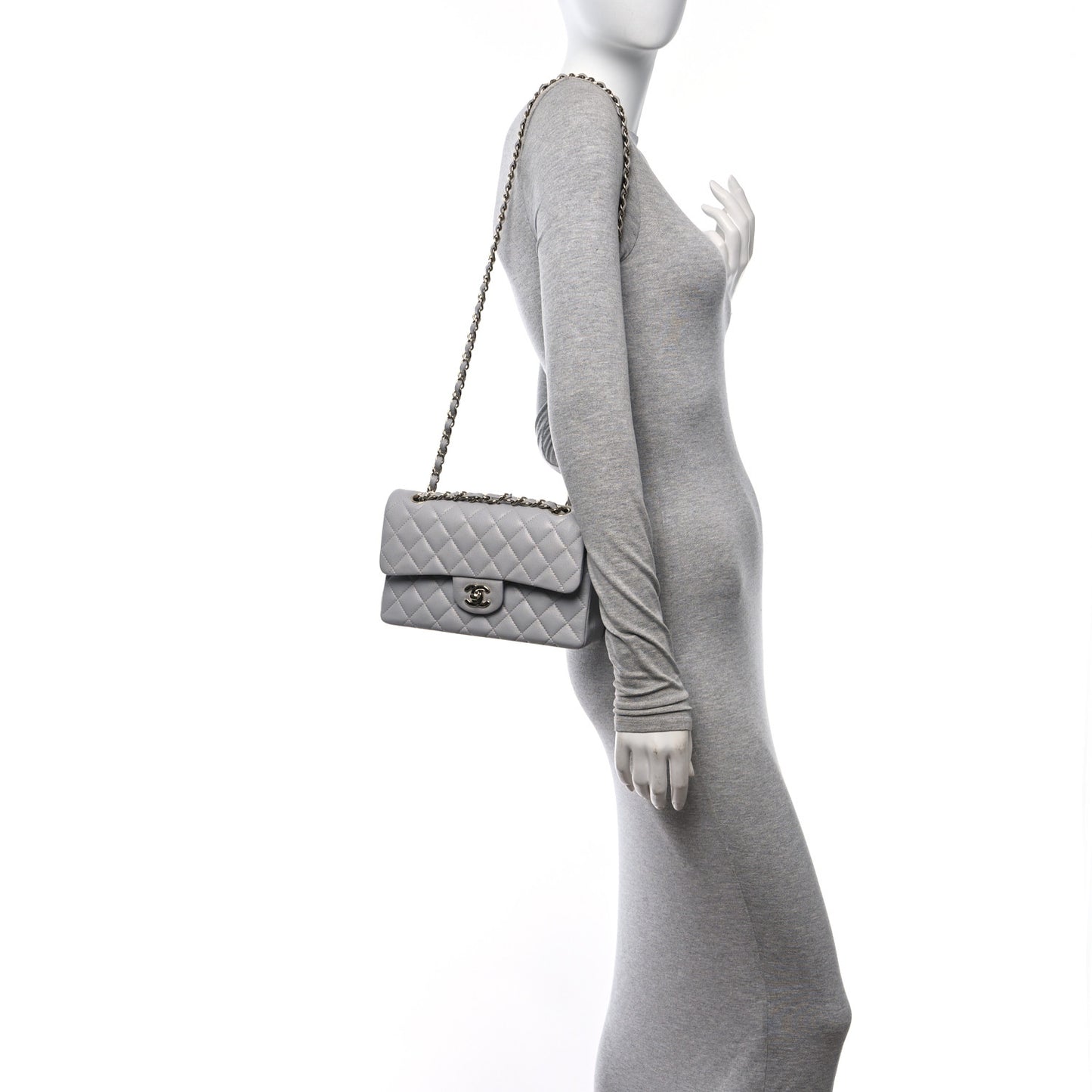 Caviar Quilted Small Double Flap Grey