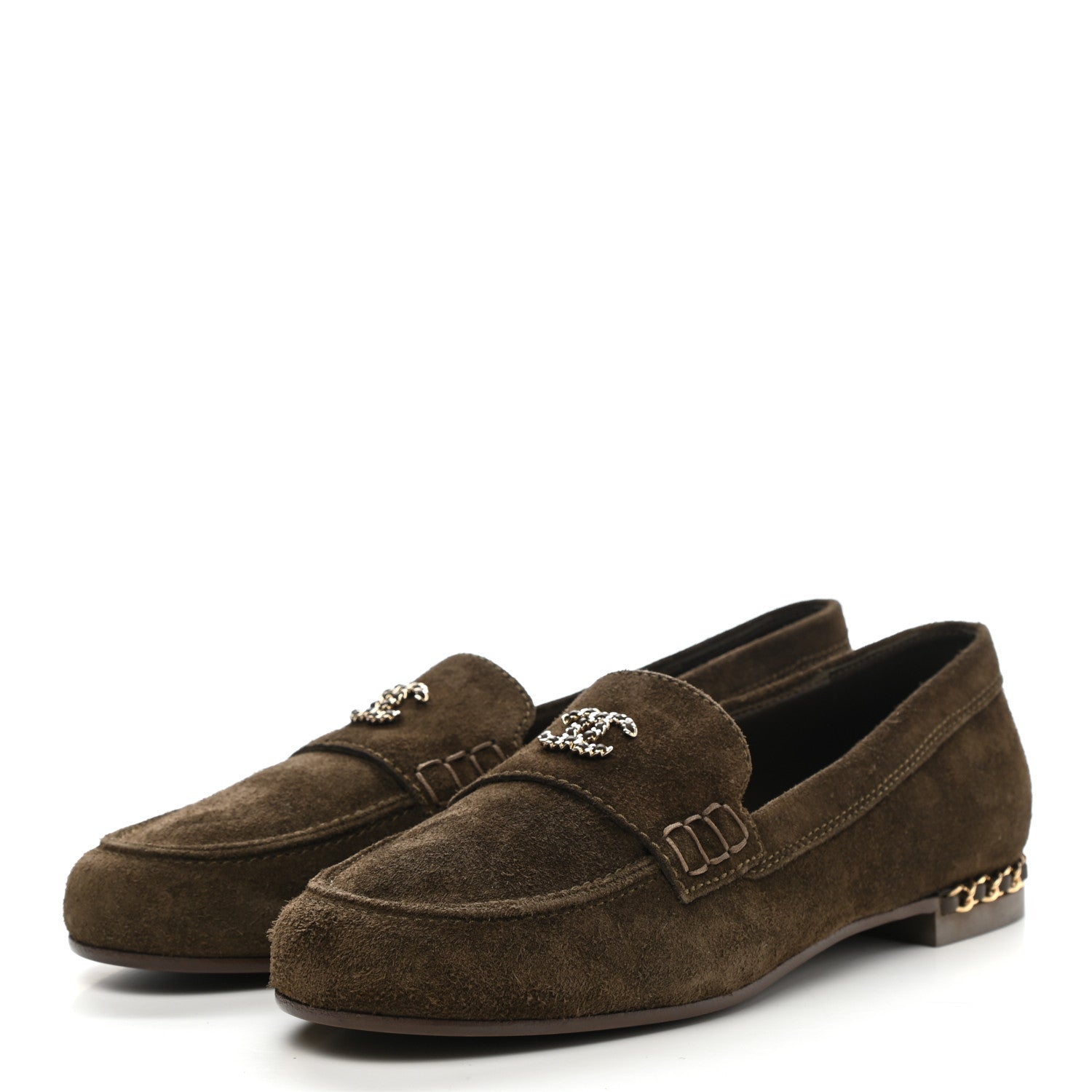 Chanel Suede Calfskin CC Chain Mocassin Loafers 37.5 Brown 3 of 9