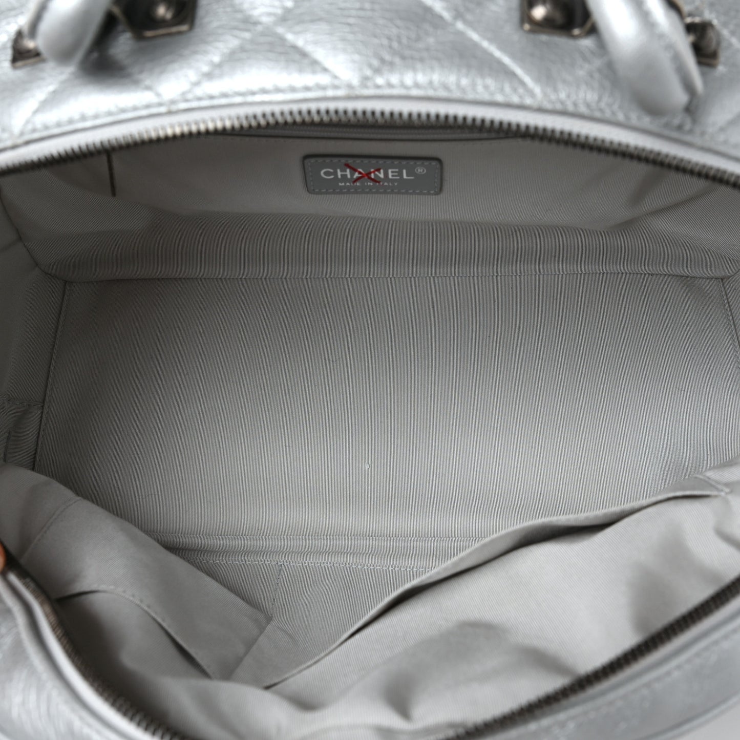 Metallic Calfskin Quilted Medium Airlines Round Trip Bowling Bag Silver