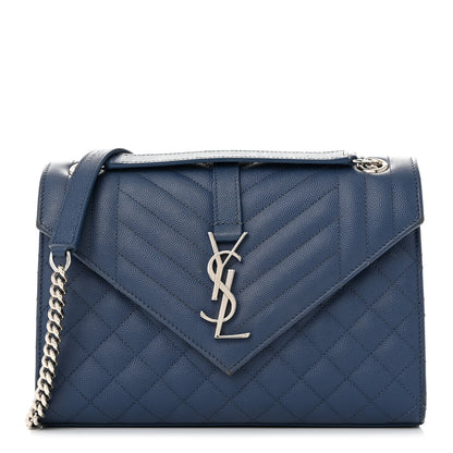 Saint Laurent Grain De Poudre Textured Mixed Matelasse Triquilt Medium Monogram Satchel Deep Marine 1 of 12