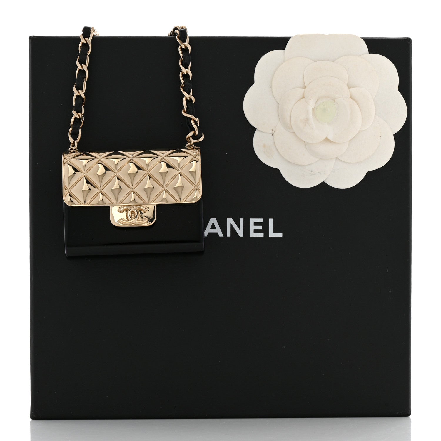 Chanel Metal Resin Lambskin Flap Bag Long Necklace Gold Black 6 of 6