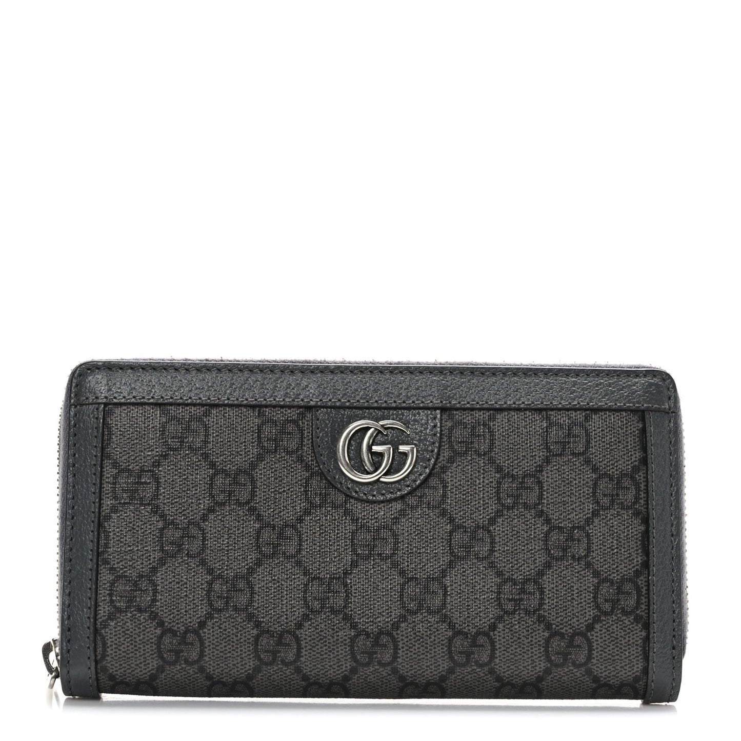 GG Supreme Monogram Textured Dollar Calfskin Ophidia Zip Around Wallet Grey Black Graphite Grey