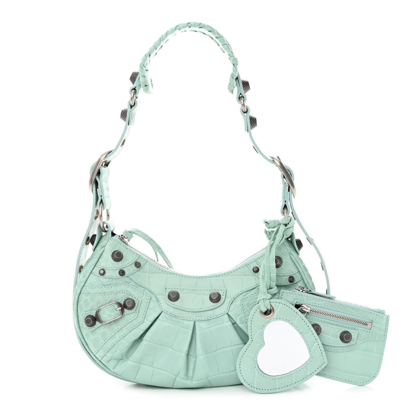 Extra Supple Calfskin Crocodile Embossed Le Cagole Shoulder Bag XS Green Acqua