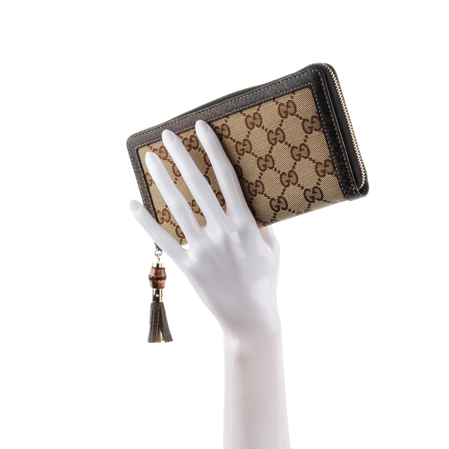 Monogram Calfskin Bamboo Tassel Zip Around Wallet Beige Ebony Chocolate