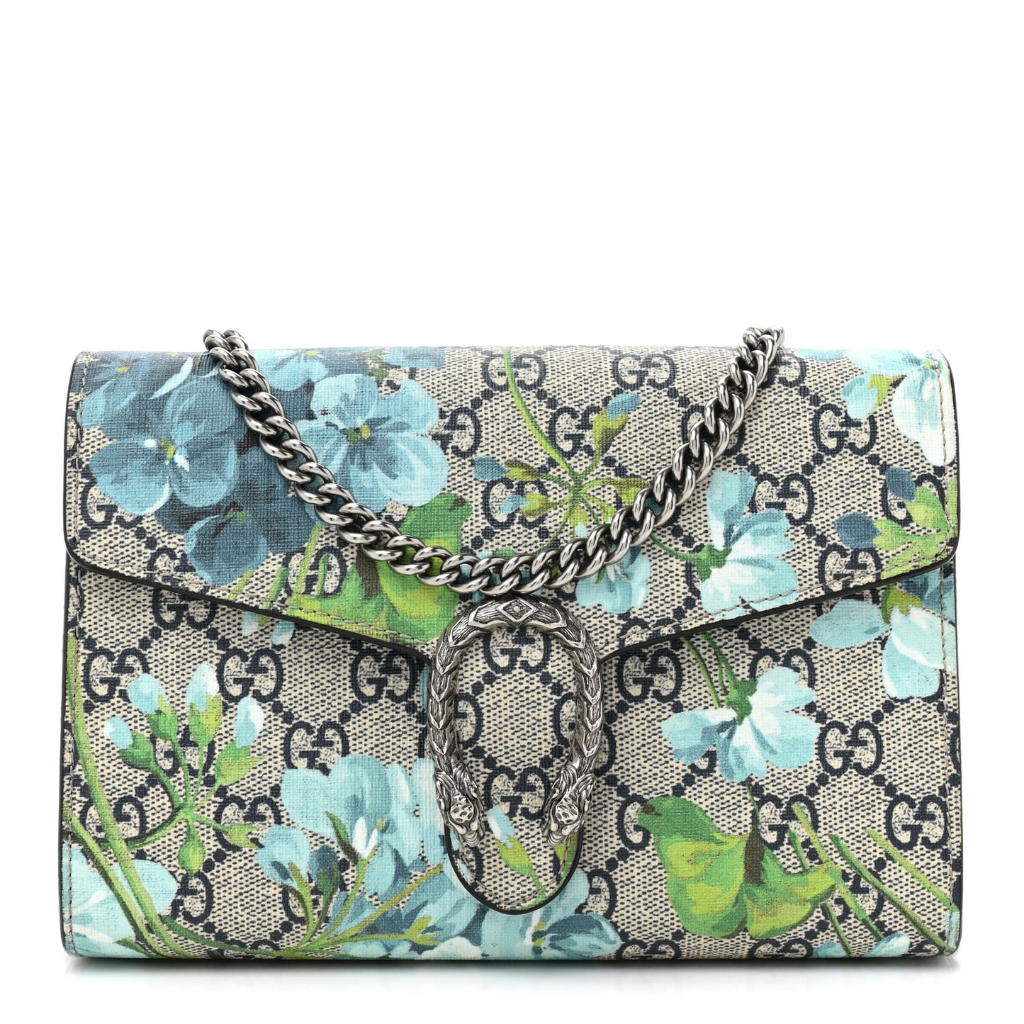 GG Supreme Monogram Blooms Mini Dionysus Chain Wallet Beige Blue Navy Vintage Blue