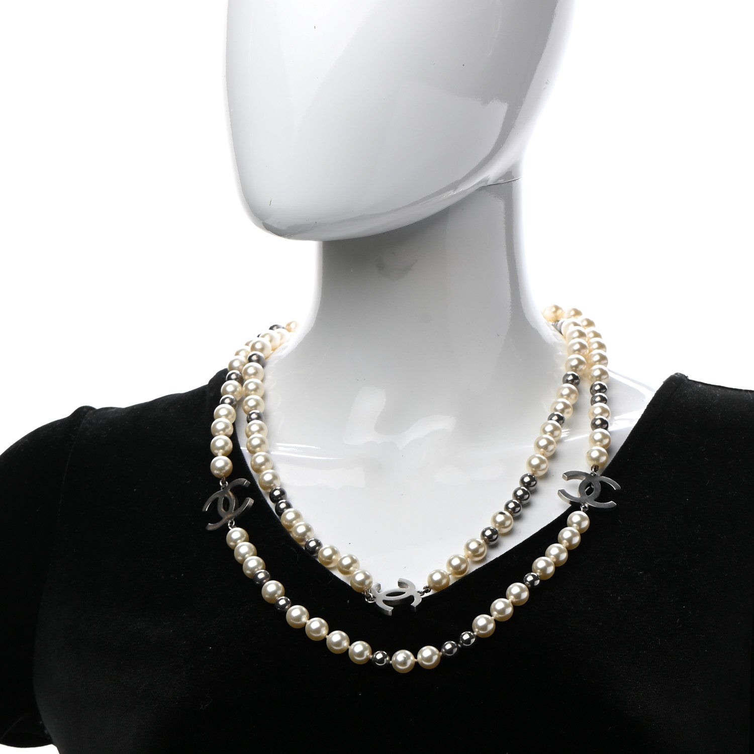 Chanel Pearl CC Long Necklace Silver Pearly White Grey 2 of 7