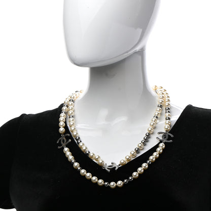 Chanel Pearl CC Long Necklace Silver Pearly White Grey 2 of 7