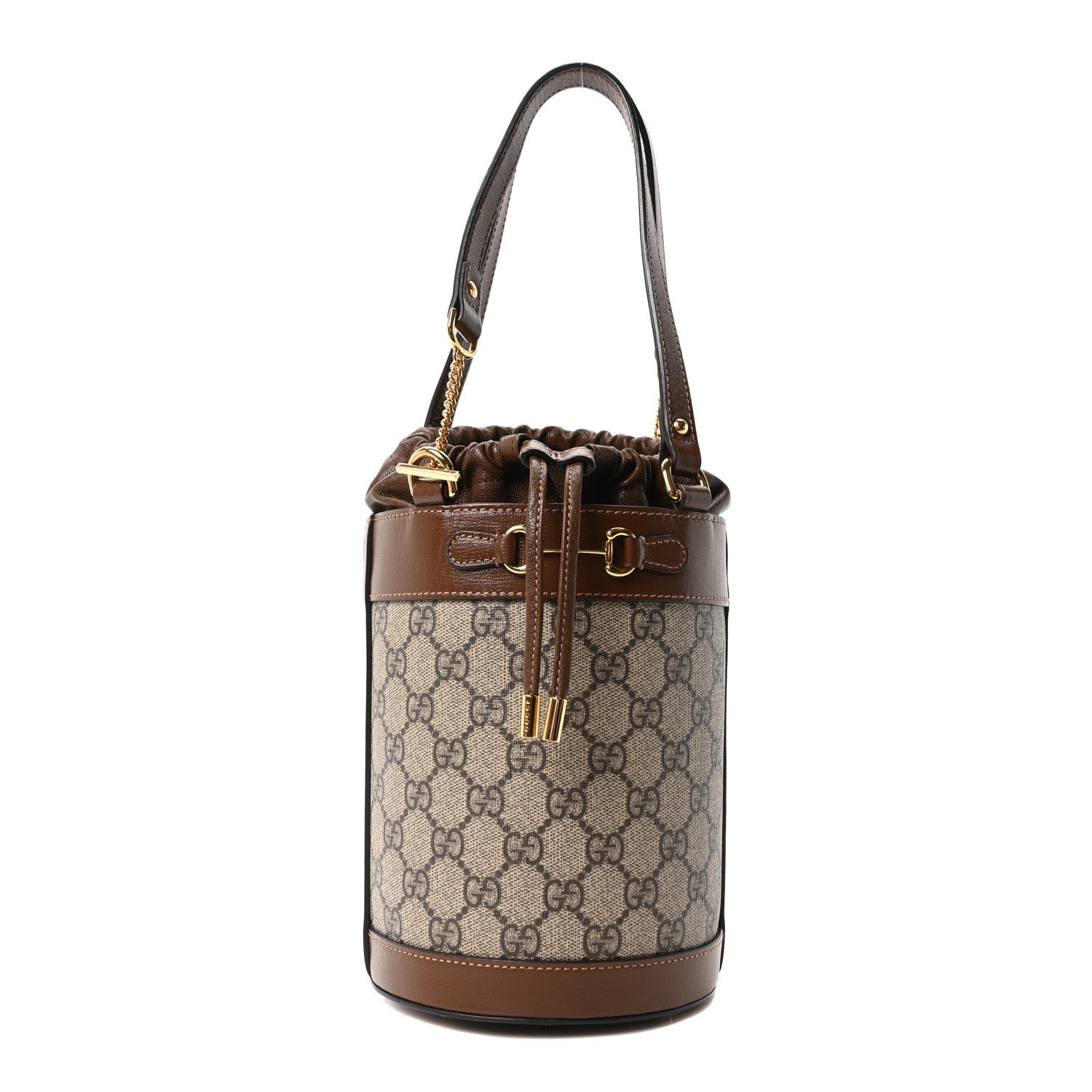 Gucci GG Supreme Monogram Azalea Sakai Calfskin Small Horsebit 1955 Drawstring Bucket Bag Beige Ebony Brown Sugar 1 of 10