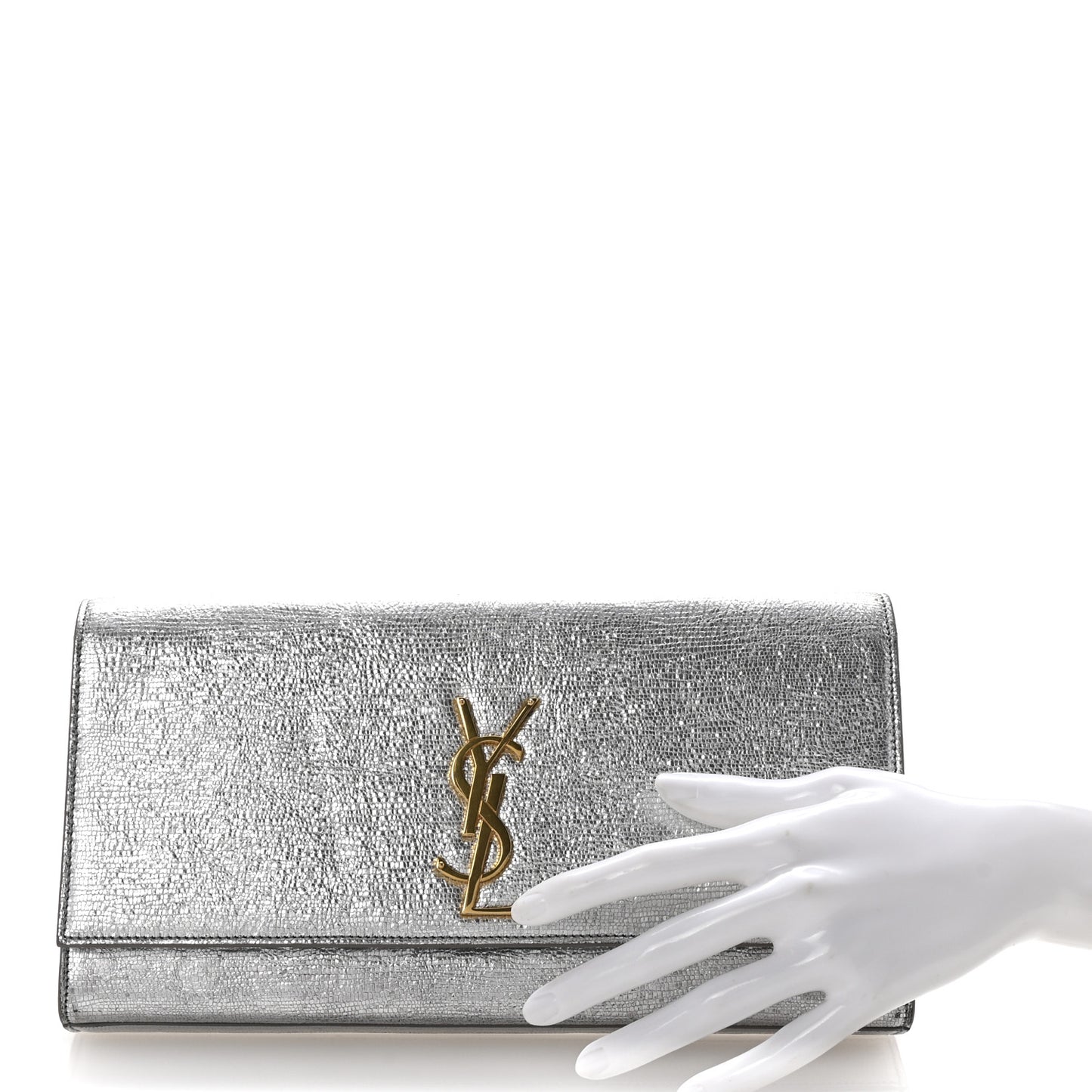 Textured Metallic Calfskin Classic Monogram Cassandre Clutch Silver