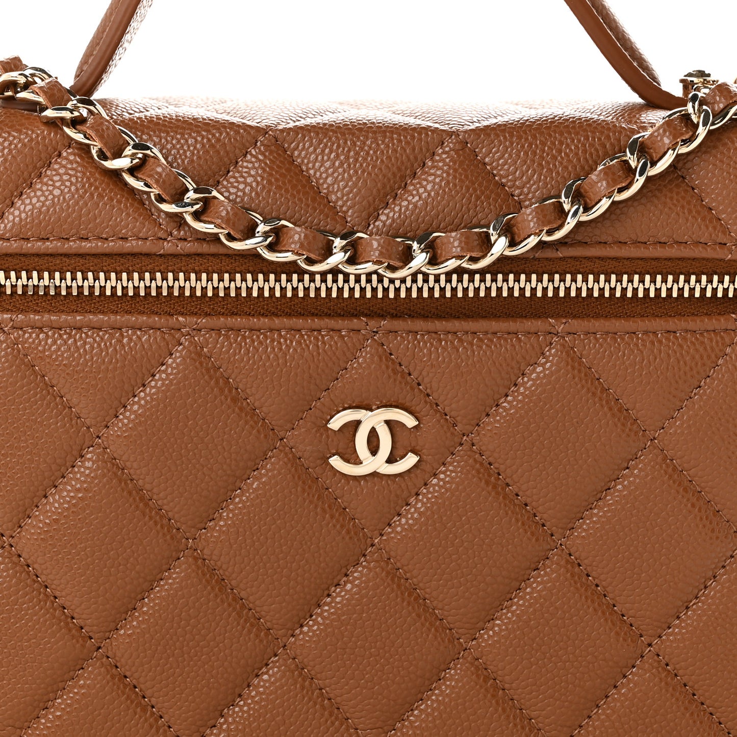 Caviar Quilted Top Handle Slim Vanity With Chain Camel