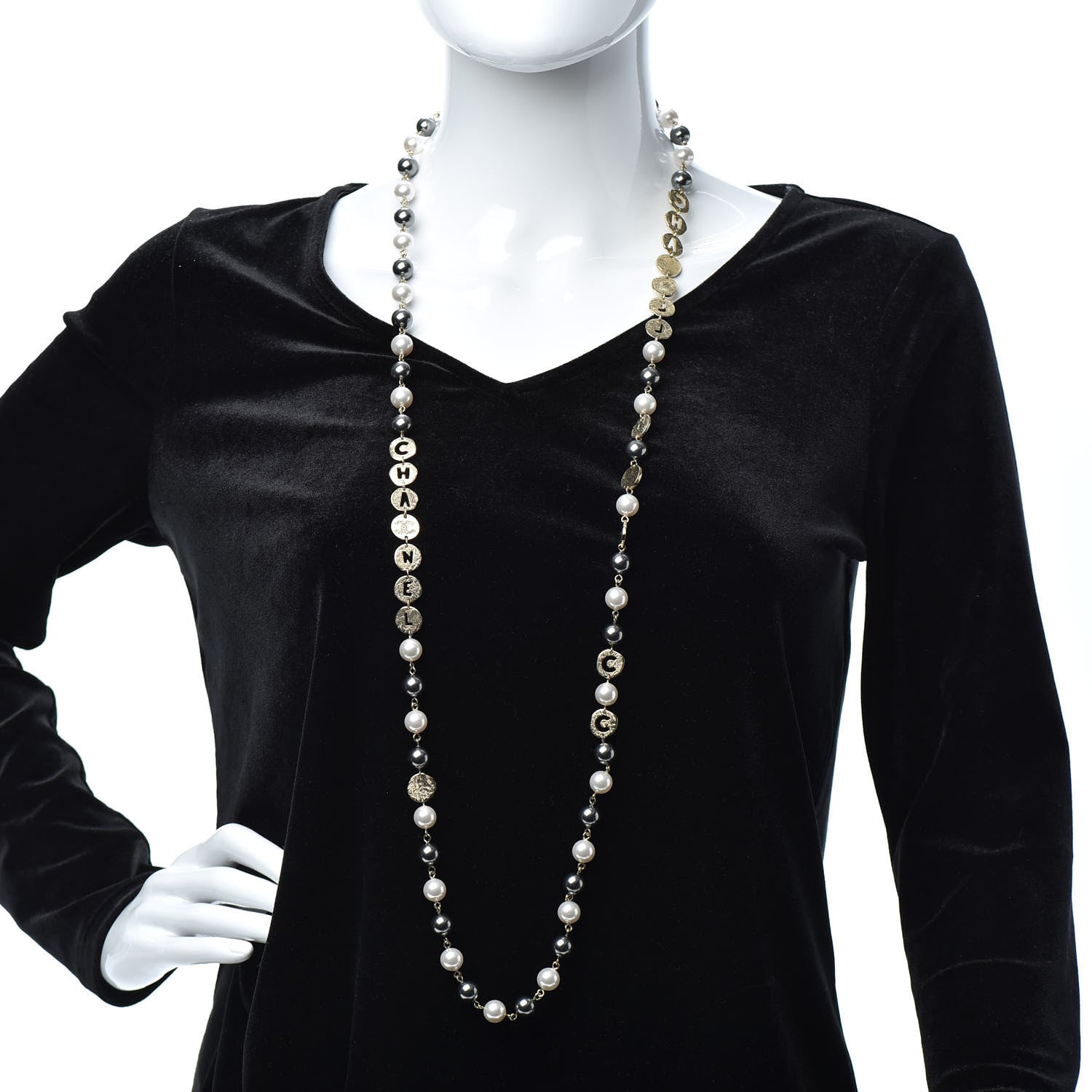 Chanel Pearl Papyrus Long Necklace Gold Pearly White Grey 2 of 4