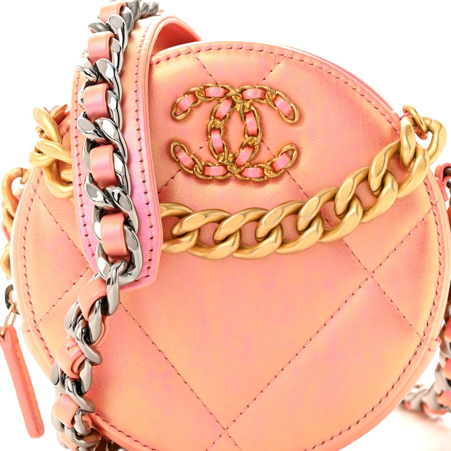 Iridescent Calfskin Quilted Chanel 19 Round Clutch With Chain Pink