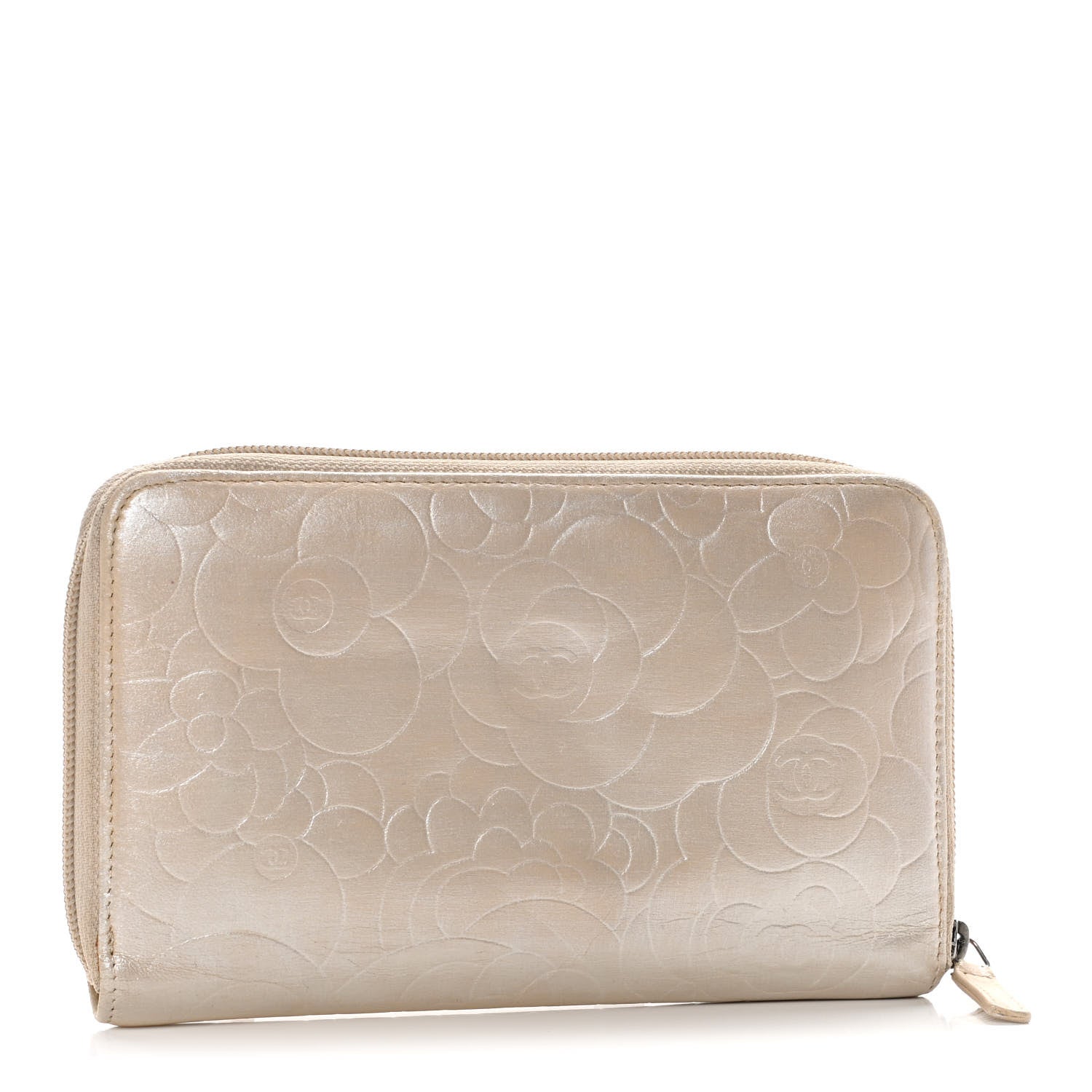 Chanel Lambskin Camellia Embossed Zip Around Organizer Wallet Light Beige 3 of 23