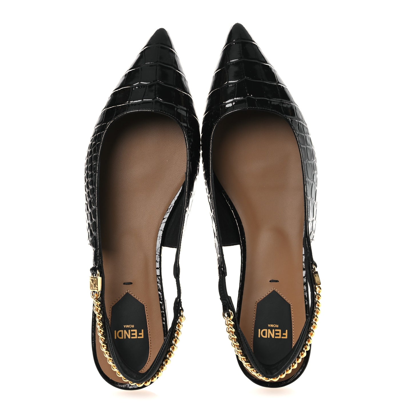 Vitello Stampa Crocodile Embossed Slingback Flats 37 Black