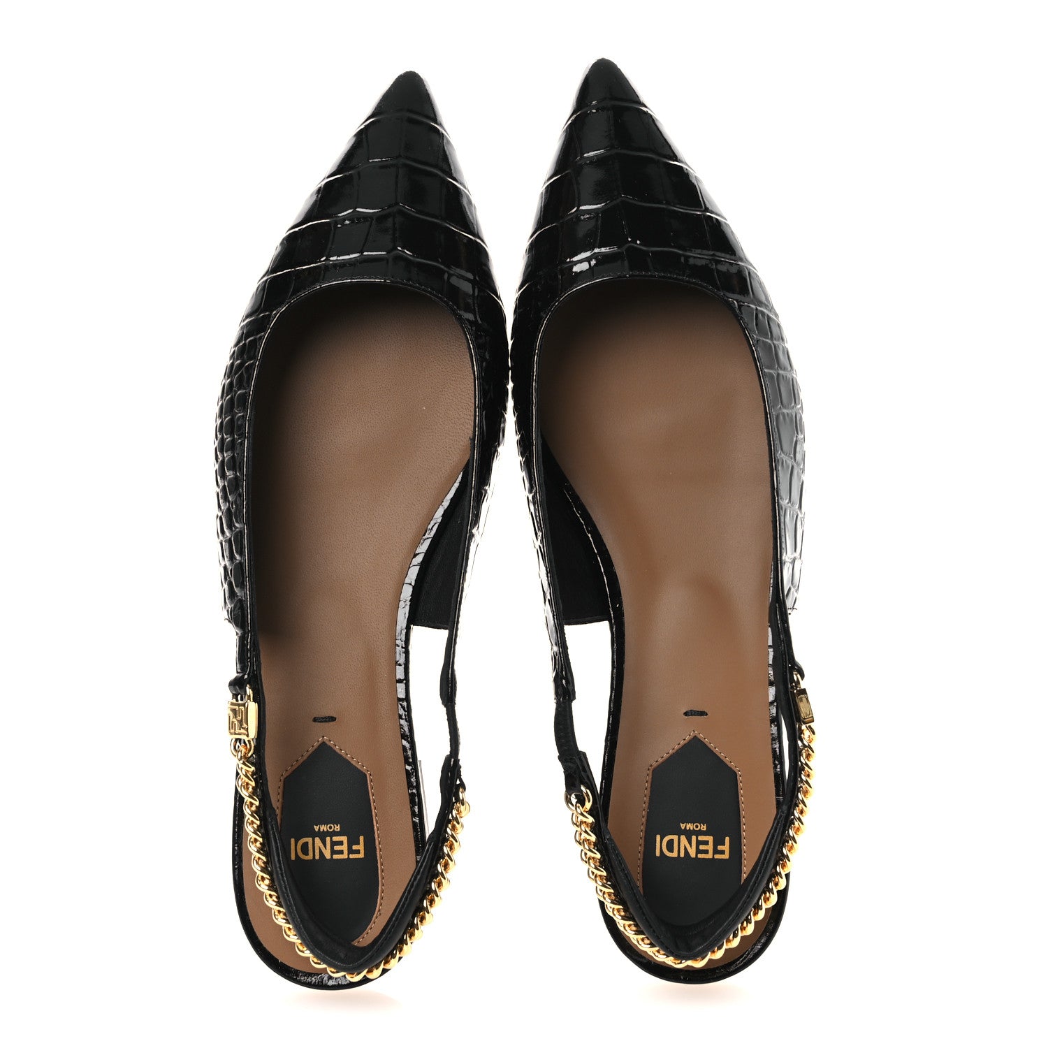 Fendi Vitello Stampa Crocodile Embossed Slingback Flats 37 Black 2 of 11