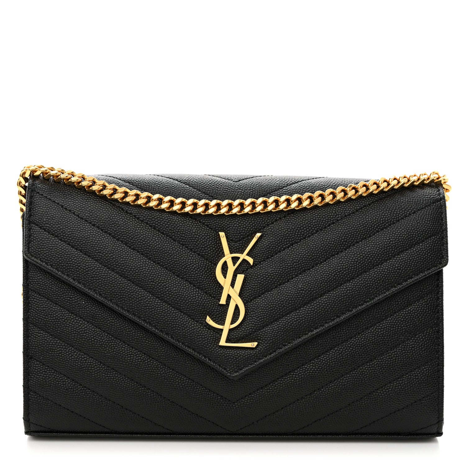 Saint Laurent Grain De Poudre Matelasse Chevron Monogram Chain Wallet Black 1 of 11