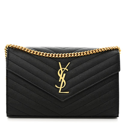 Saint Laurent Grain De Poudre Matelasse Chevron Monogram Chain Wallet Black 1 of 11