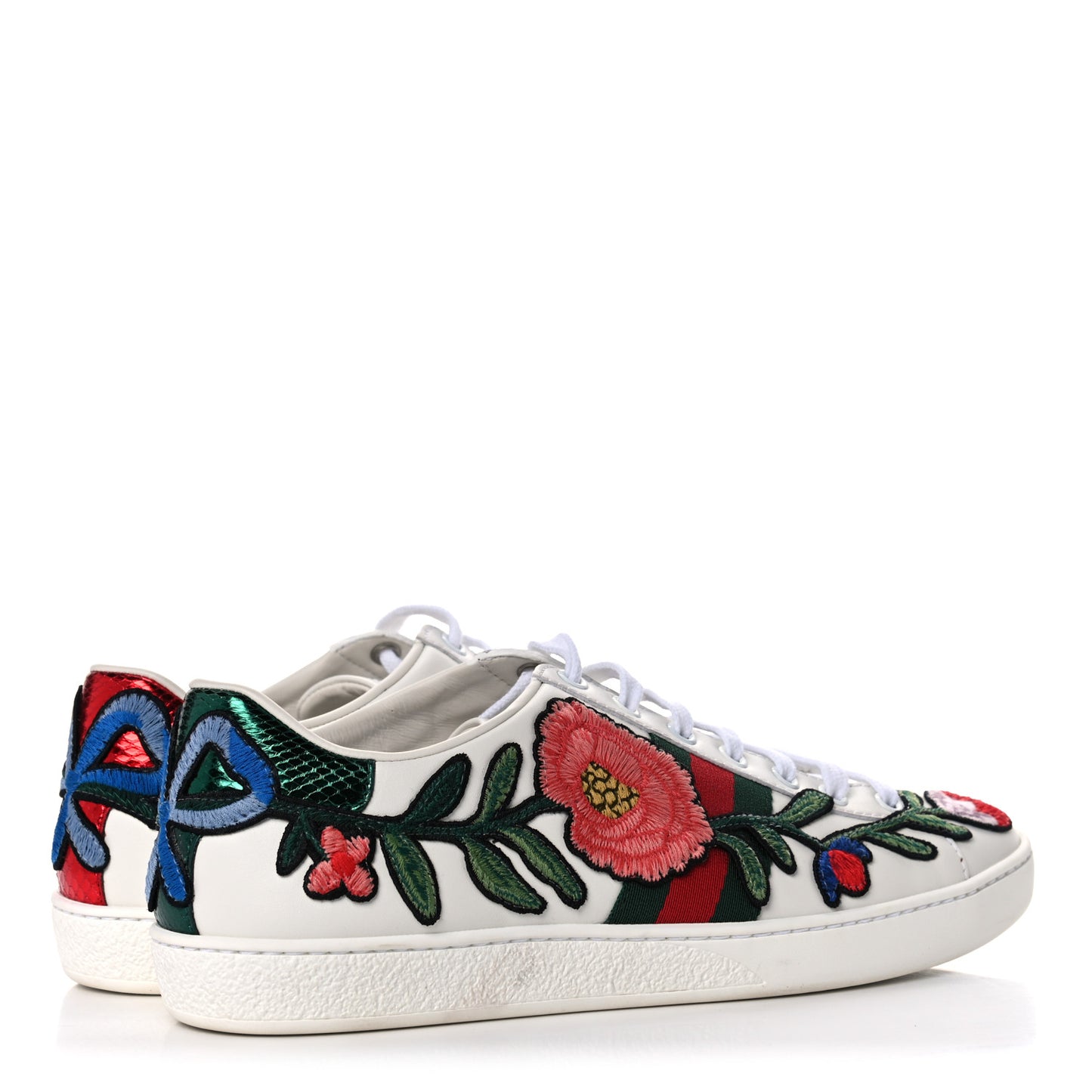 Calfskin Web Floral Embroidered Womens Ace Sneakers 38.5 White