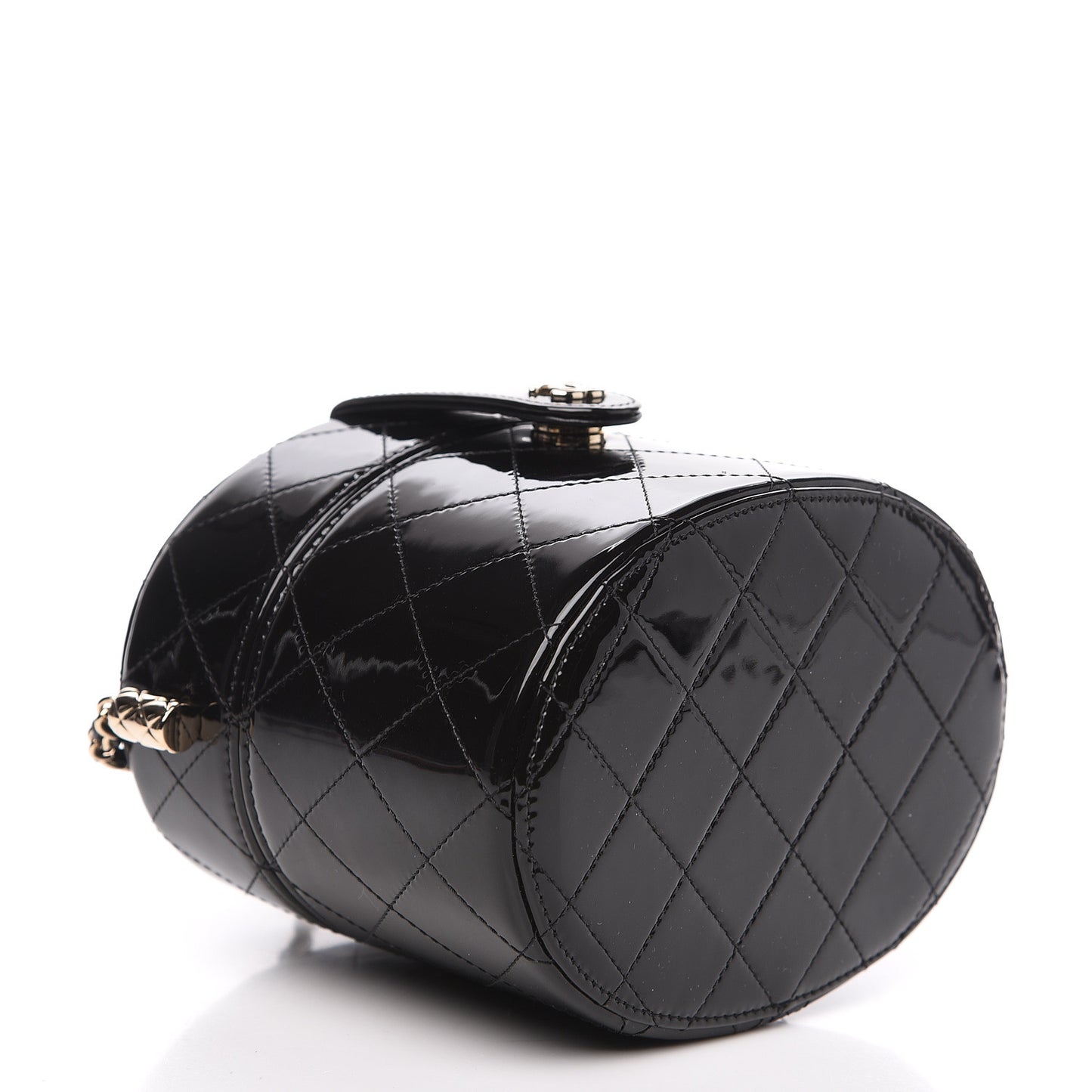 Patent Quilted Round Clutch With Chain Black