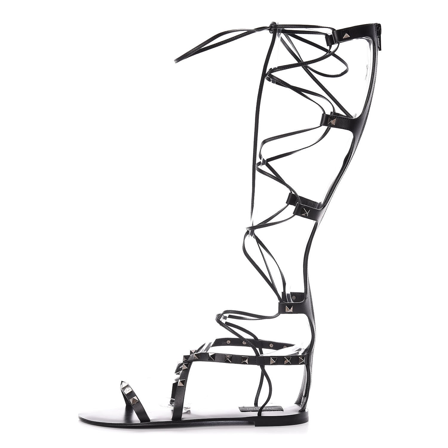 Valentino Garavani Calfskin Rockstud Knee-High Gladiator Sandals 37.5 Black 1 of 9