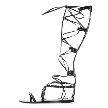 Valentino Garavani Calfskin Rockstud Knee-High Gladiator Sandals 37.5 Black 1 of 9