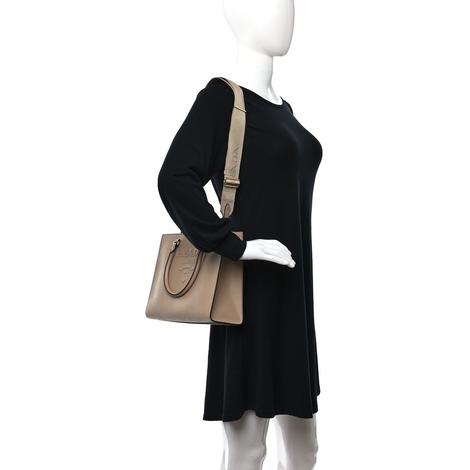 Prada Saffiano Lux Logo Embossed Medium Shoulder Tote Handbag Sabbia 2 of 8