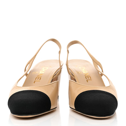 Chanel Goatskin Grosgrain Cap Toe CC Slingback Pumps 36.5 Beige Black 2 of 9