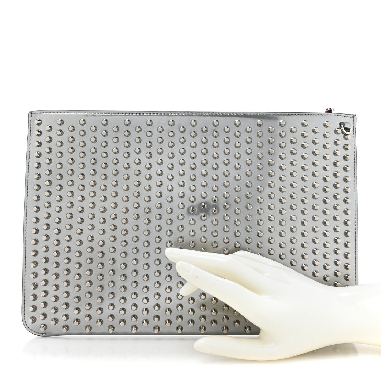 Metallic Calfskin Quadro Spikes Loubiclutch Silver