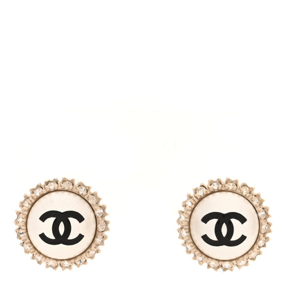 Chanel Crystal Pearl CC Round Earrings Gold Pearly White Black 1 of 4