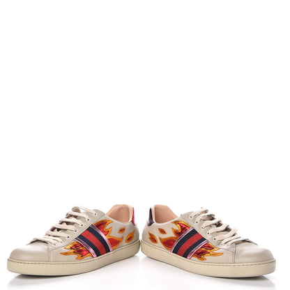Gucci Calfskin Ayers Web Flames Embroidered Mens Ace Sneakers 9 Off White 6 of 12